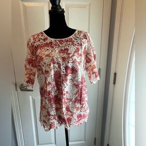 Anthropologie Porridge Top. Lace Overlay. Short sleeve. Size M.